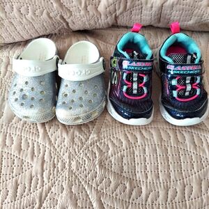 Little girl silver crocs Size 5 and sketchers black pink sneakers Size 5